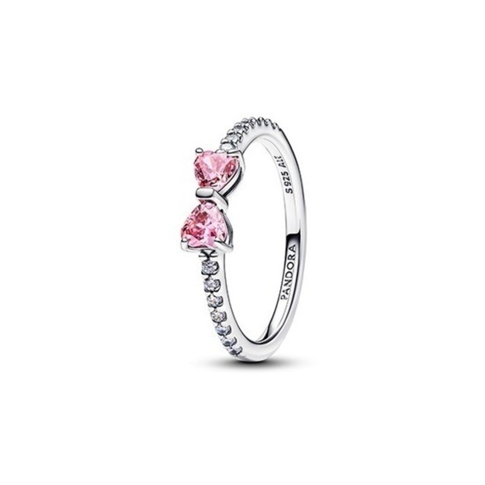 Pandora Jewelry Sparkling Bow Ring Women 4.5 Silver Pink Sapphire Heart